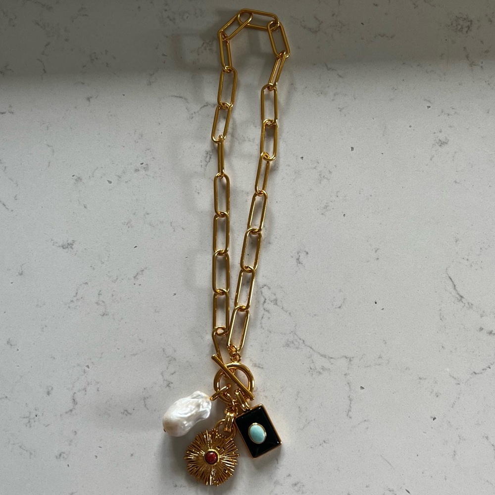 Lizzie Fortunato Blossom 24K Gold Plated Charm Cluster Paperclip Chain Necklace